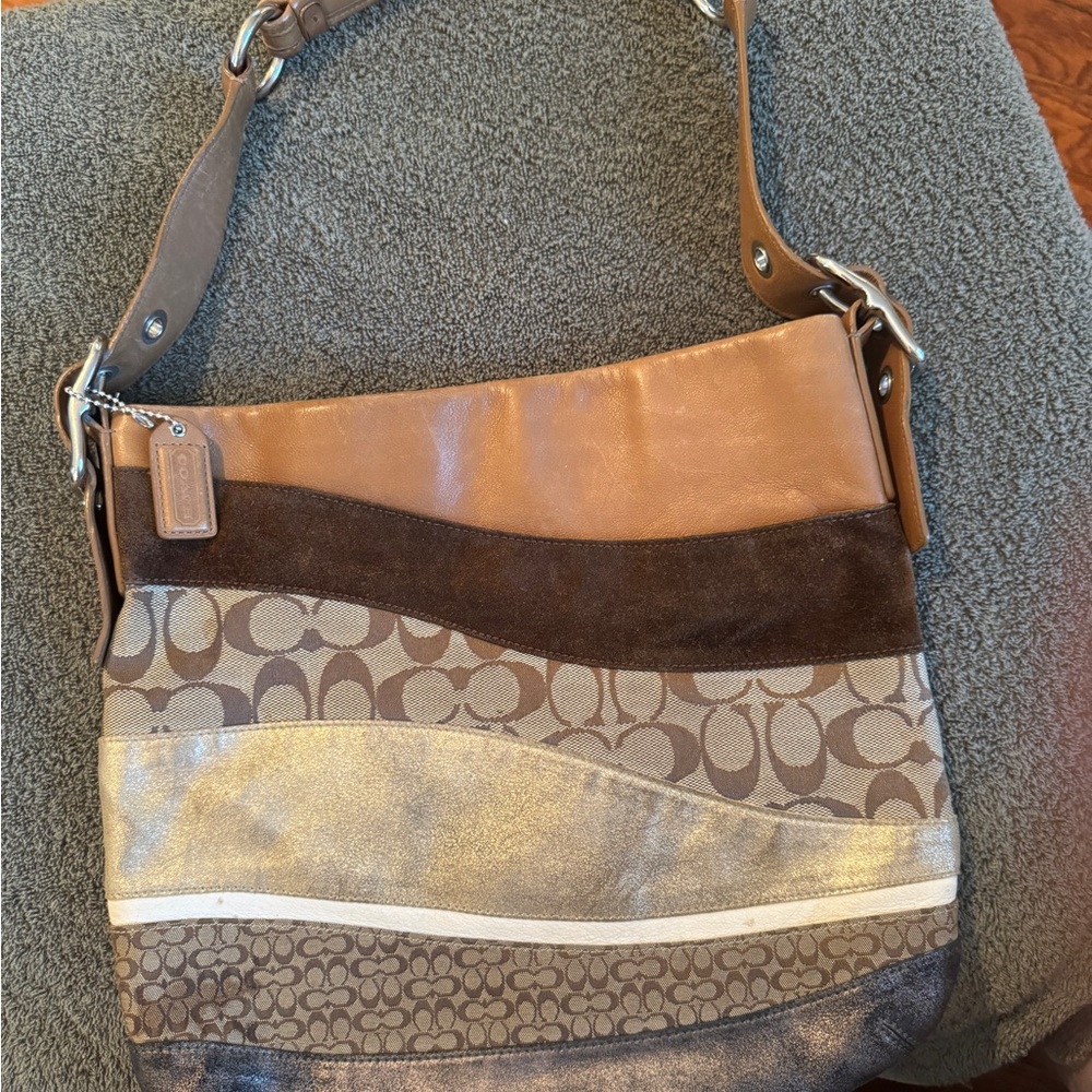 Coach Tan and Brown Shoulder Bag with Textured Design